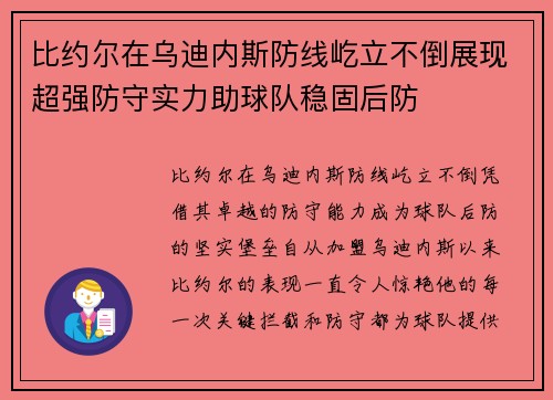比约尔在乌迪内斯防线屹立不倒展现超强防守实力助球队稳固后防